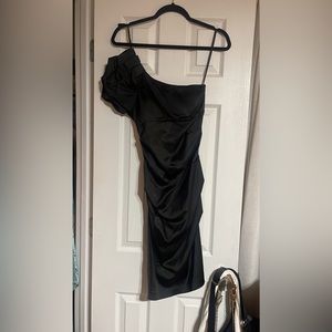 Cache Black Satin Ruching One Shoulder Cocktail Formal Dress